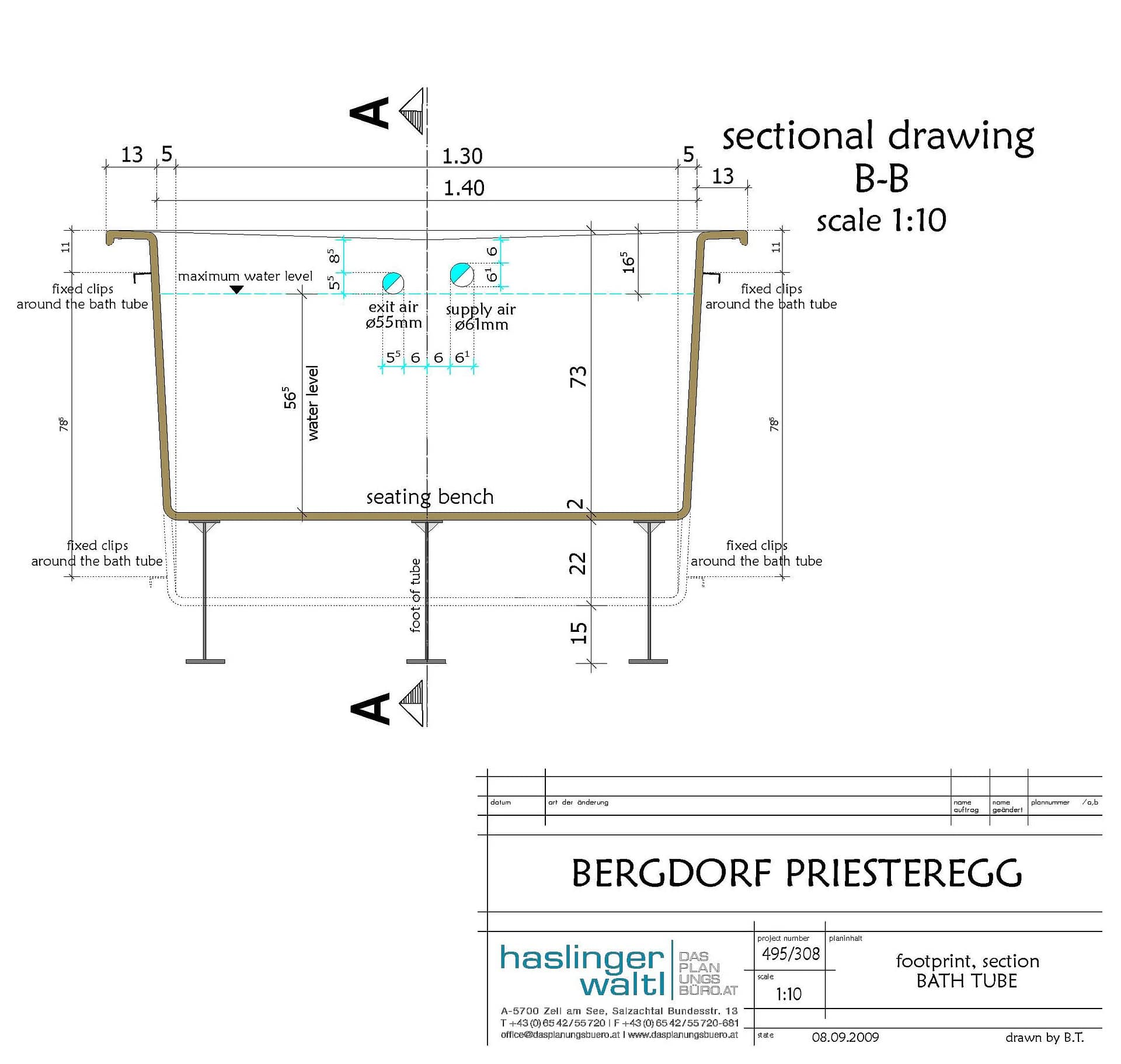 Final engineering plan for the bespoke stone resin bath designed for PRIESTEREGG in Austria